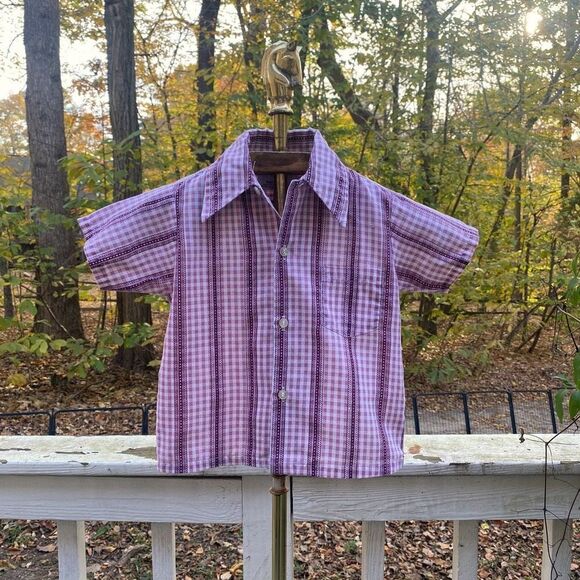 Vintage 70s Garanimals Toddler Purple Check Button Up - Picture 1 of 6